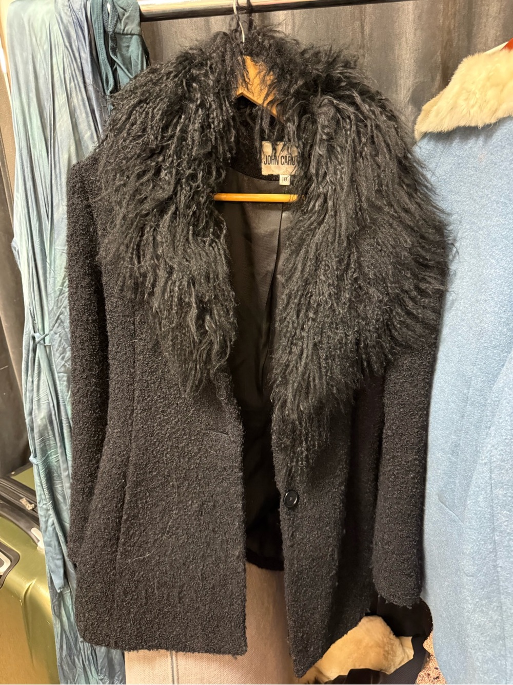 John Caruana Black Textured Wool Coat with Mongolian Lamb Collar